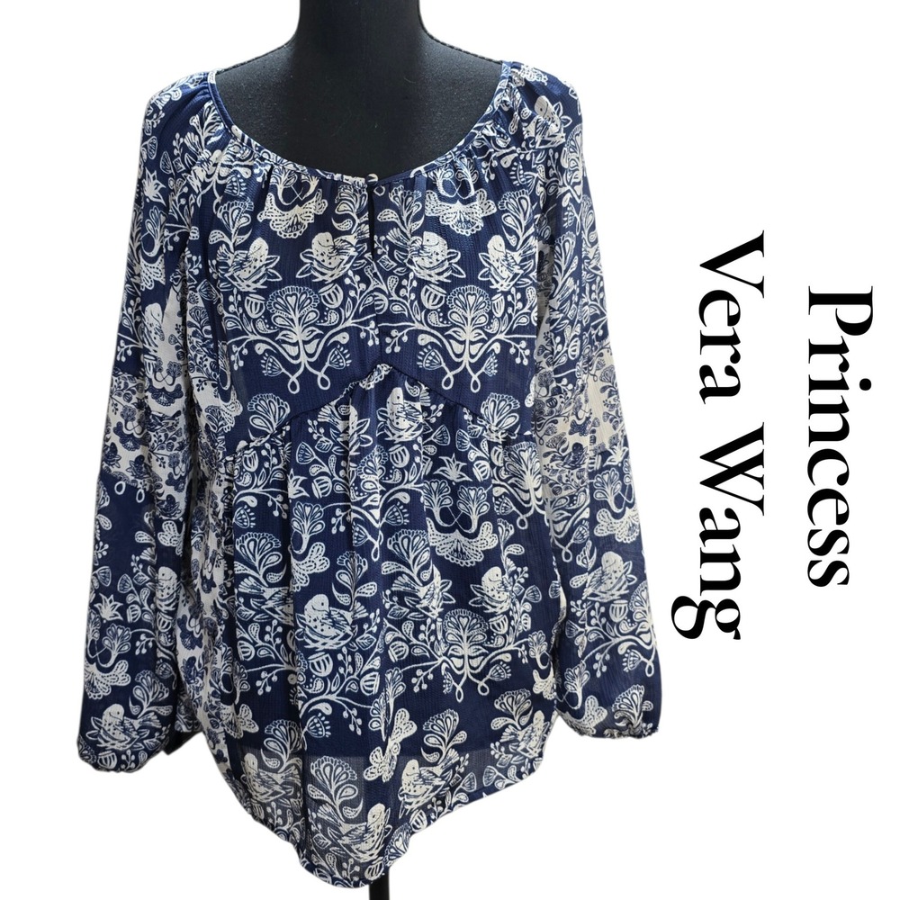 Princess Vera Wang Blouse Womens Medium Navy Blue Floral Bird Peasant Boho Top